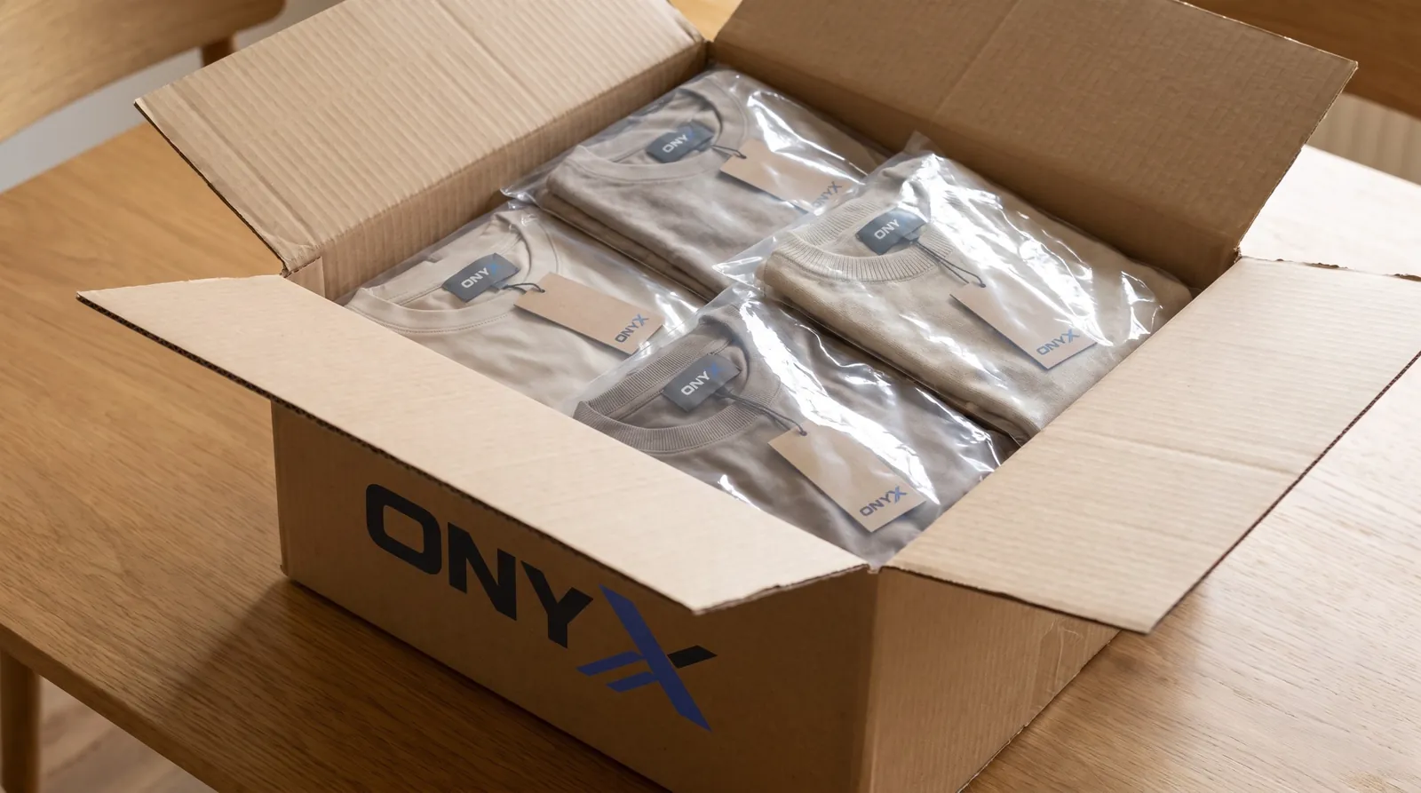 Export carton with folded garments, woven labels and swing tags