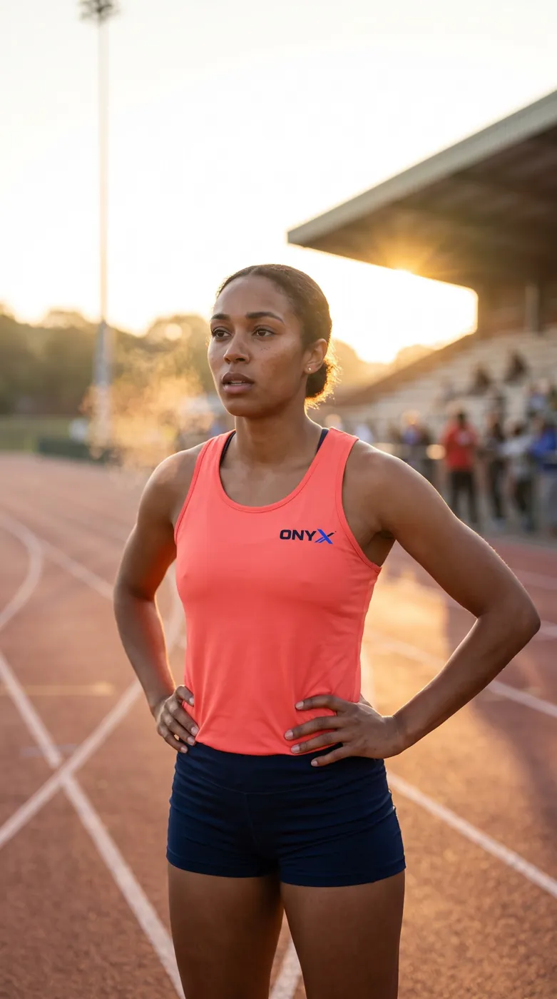 Runner in a coral singlet on an athletics track at sunrise