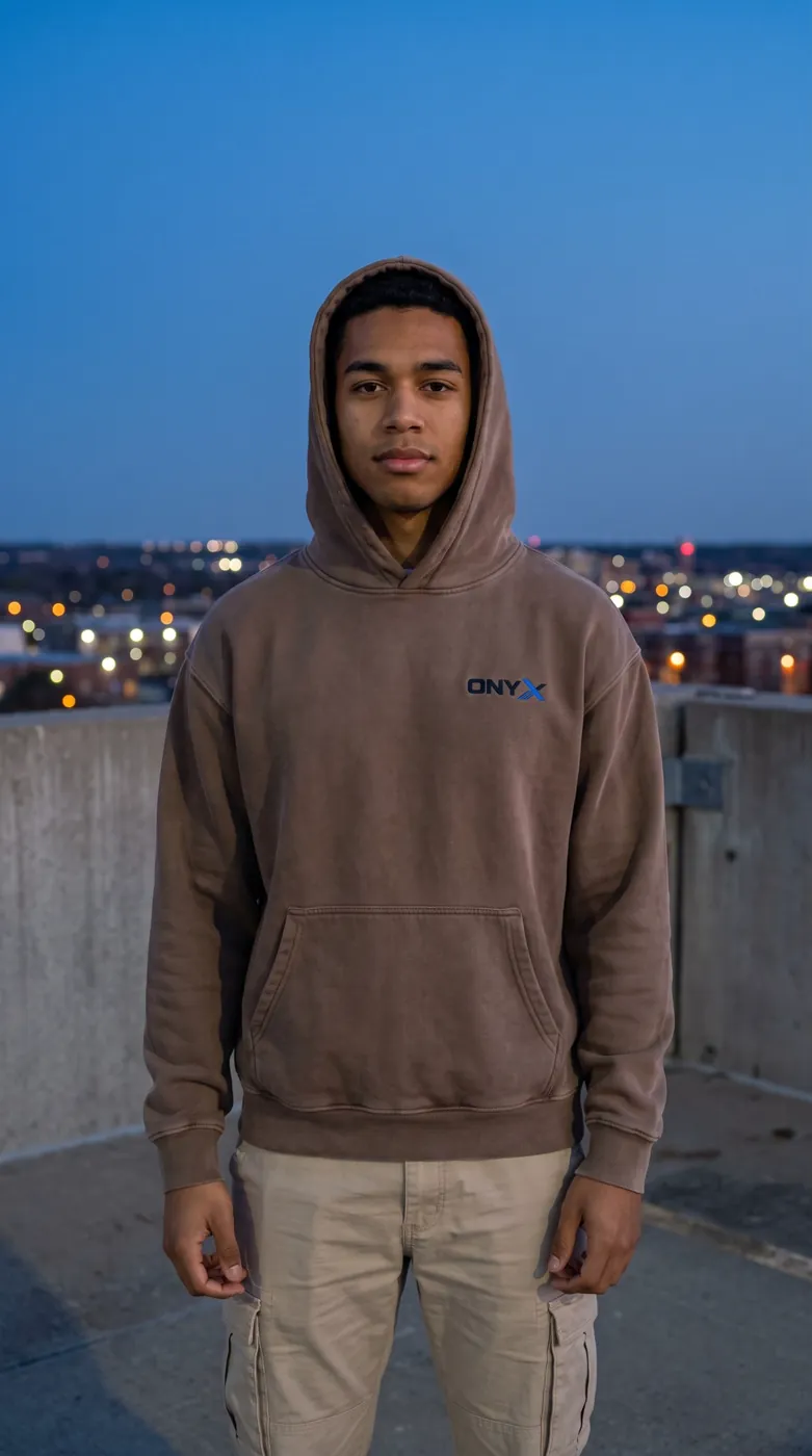 Man in a washed mocha heavyweight hoodie on a city rooftop