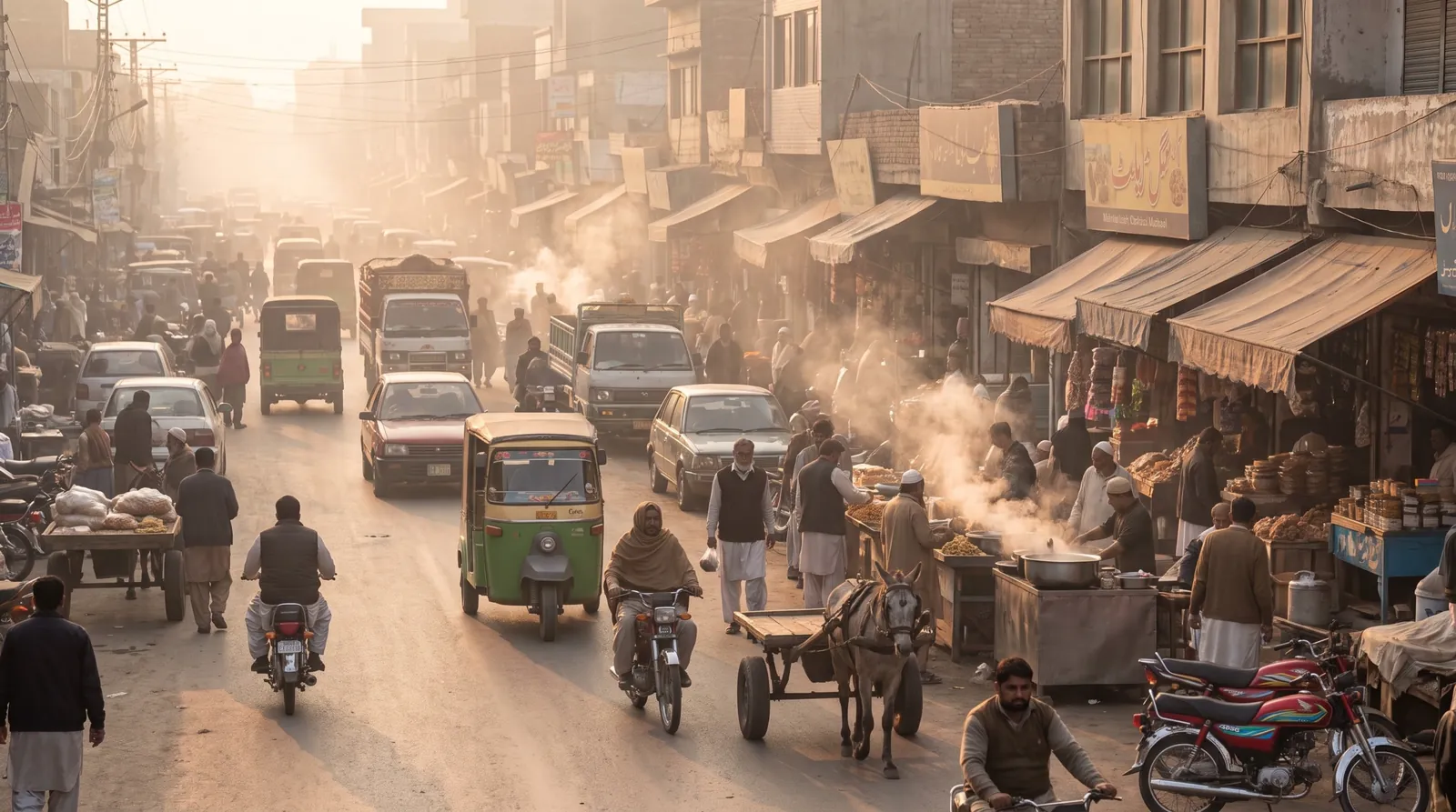 Busy street in Sialkot at golden hour with rickshaws, motorbikes and food stalls
