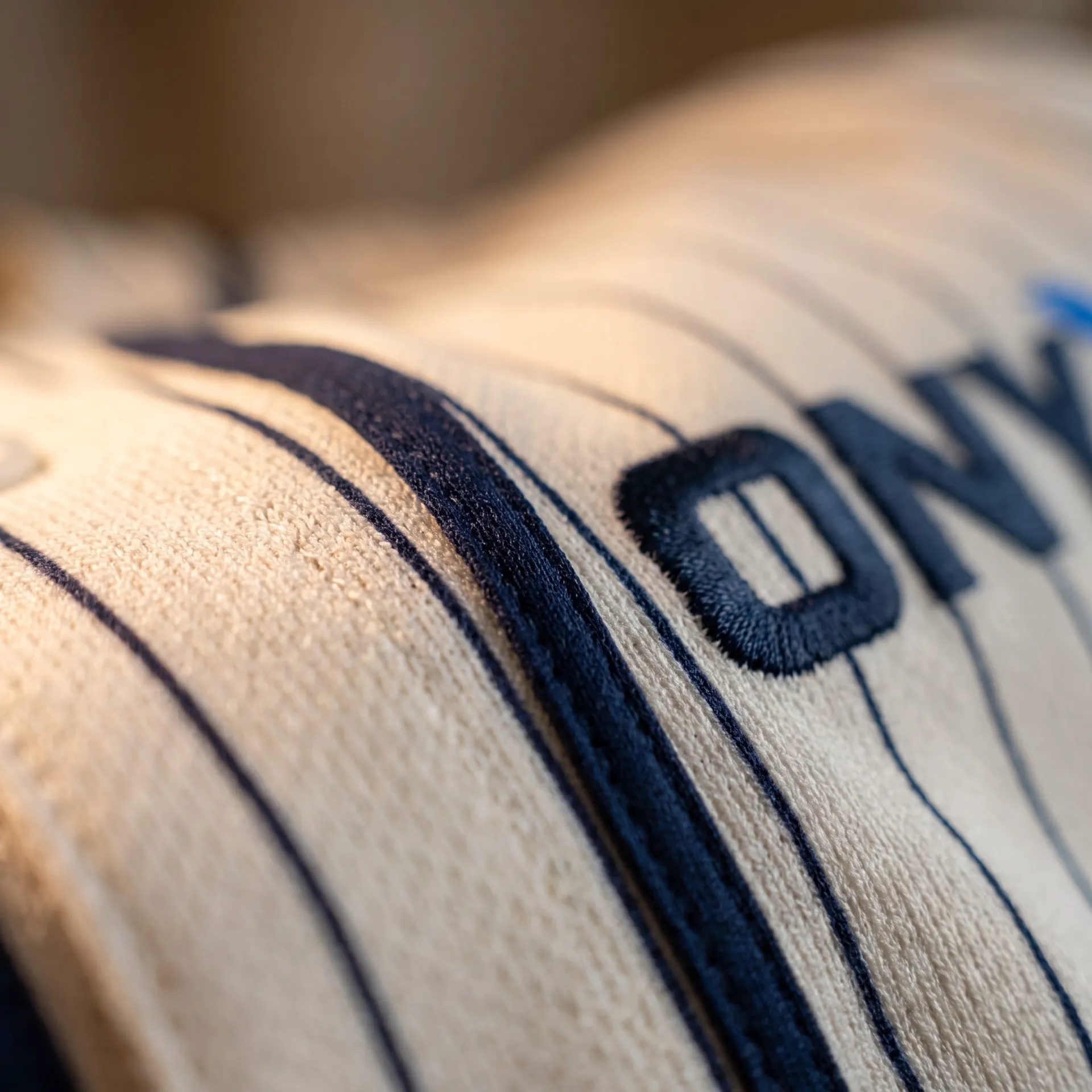 Macro detail of fabric, stitching and logo on the Diamond Button-Front Jersey