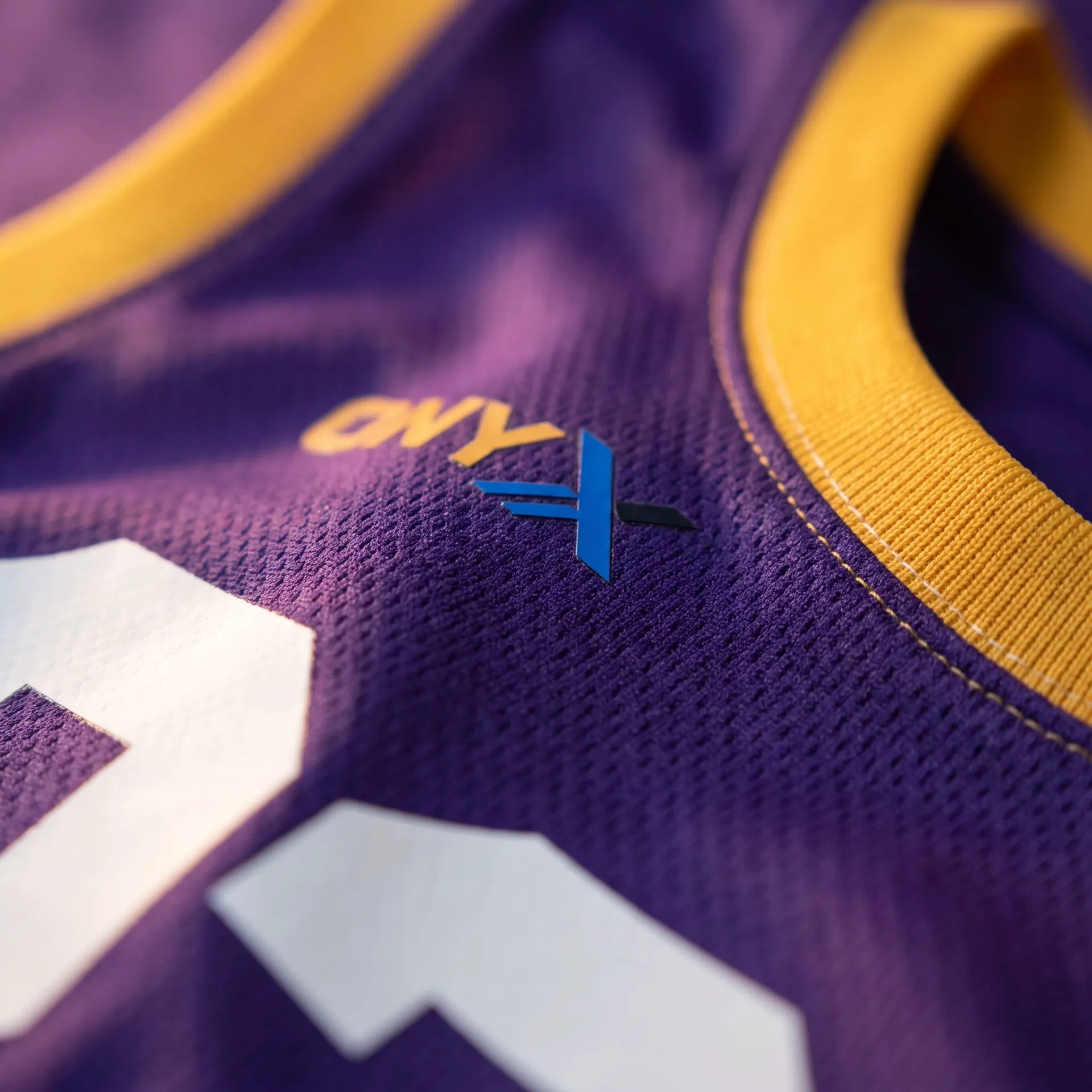 Macro detail of fabric, stitching and logo on the Baseline Game Jersey