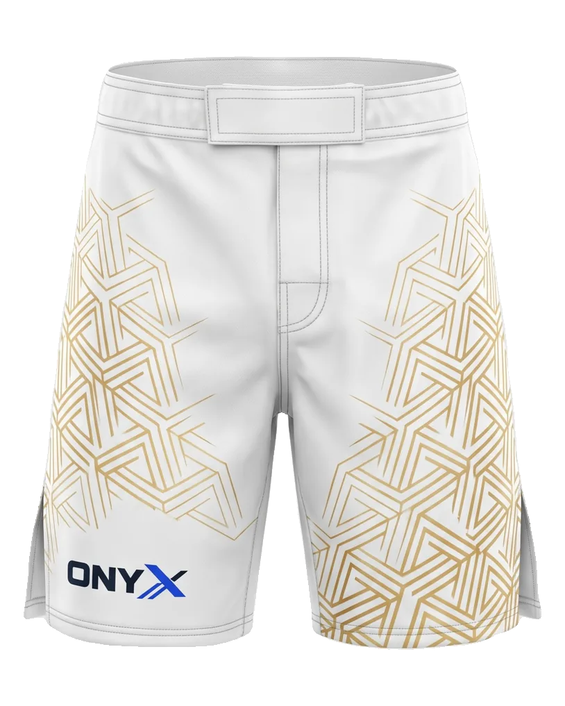 Clinch Fight Shorts — White / gold custom fight shorts