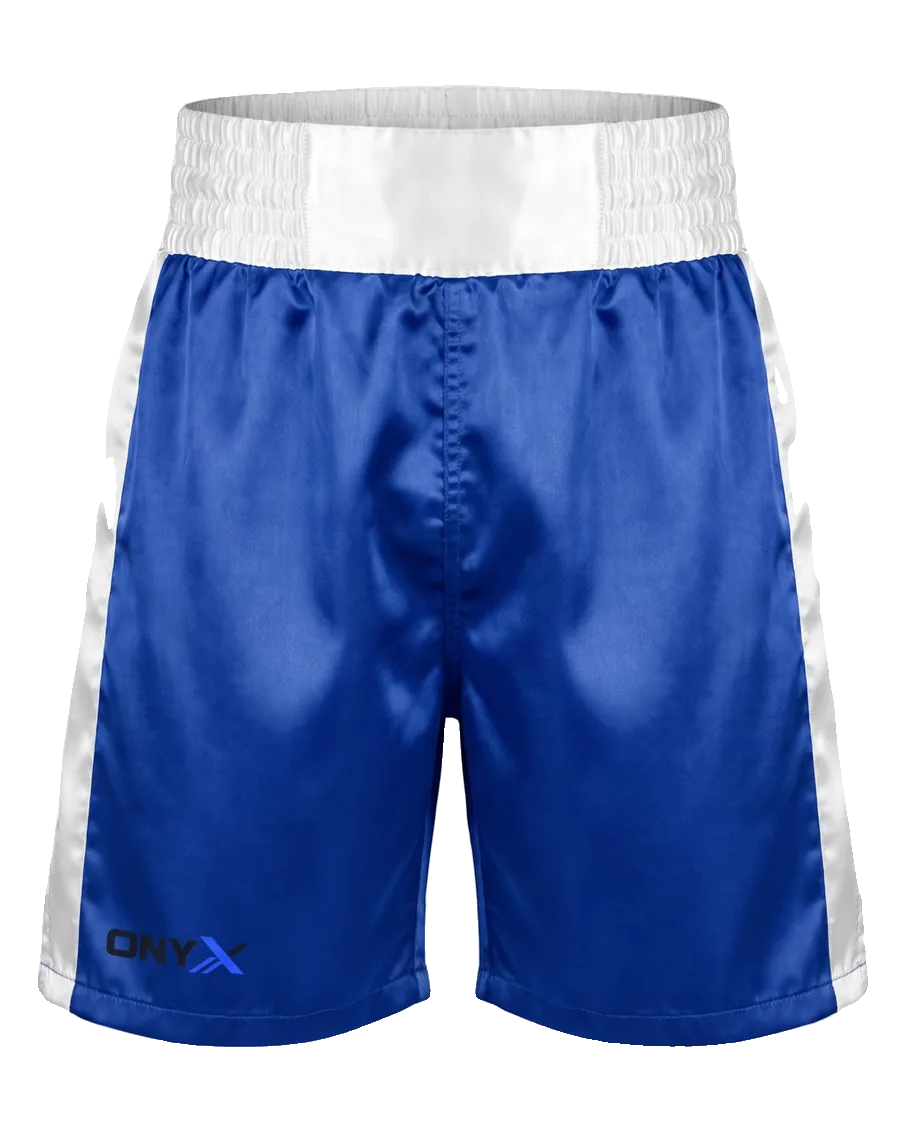 Clinch Boxing Trunks — Satin royal blue / white custom boxing trunks