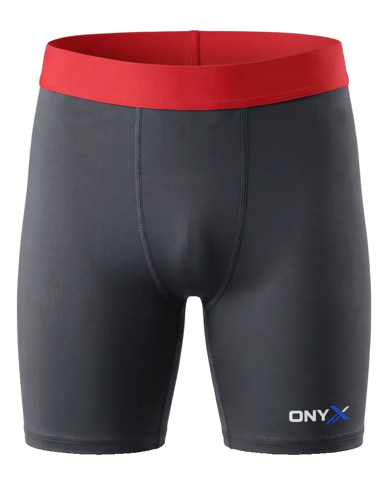Second-Skin Shorts — Charcoal / red custom compression shorts