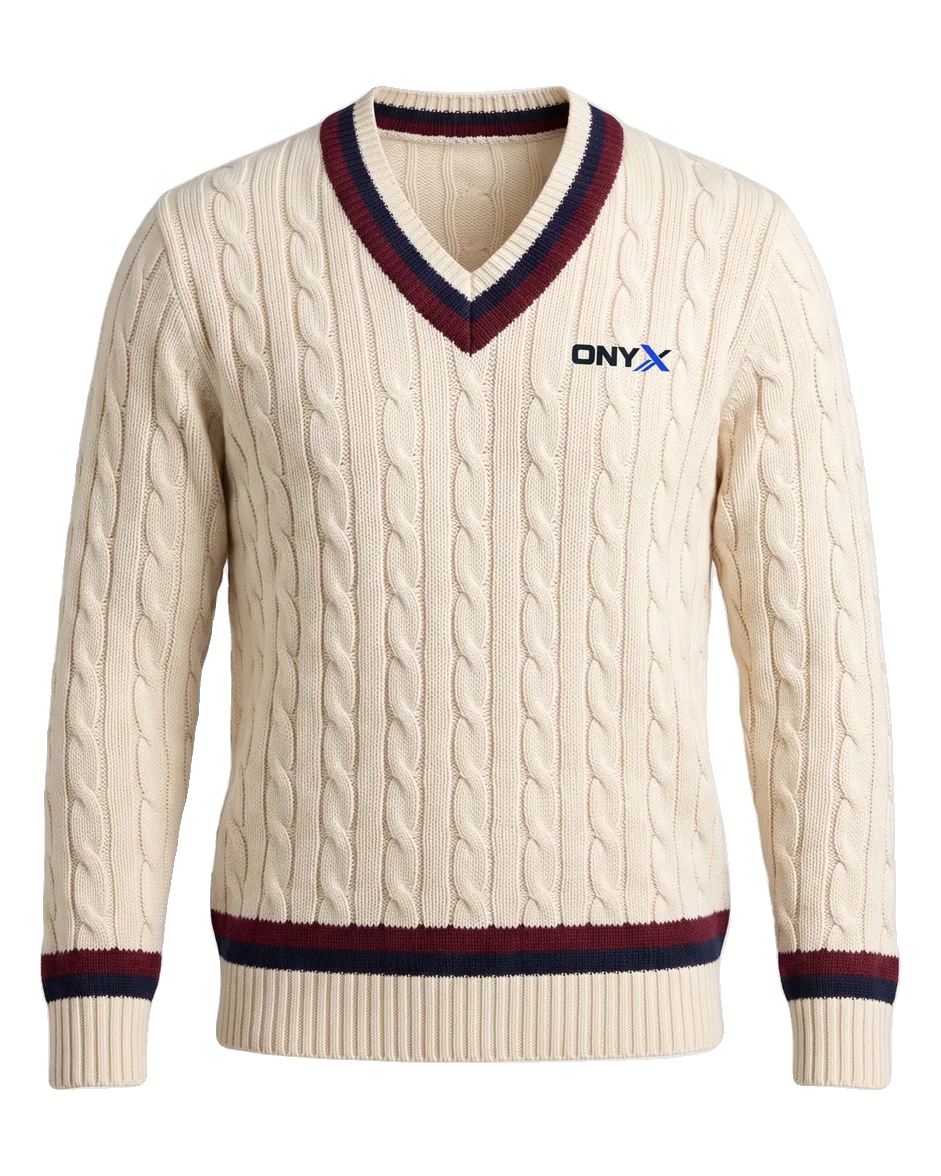 Cable-Knit Cricket Sweater — Cream / maroon / navy custom knit sweater