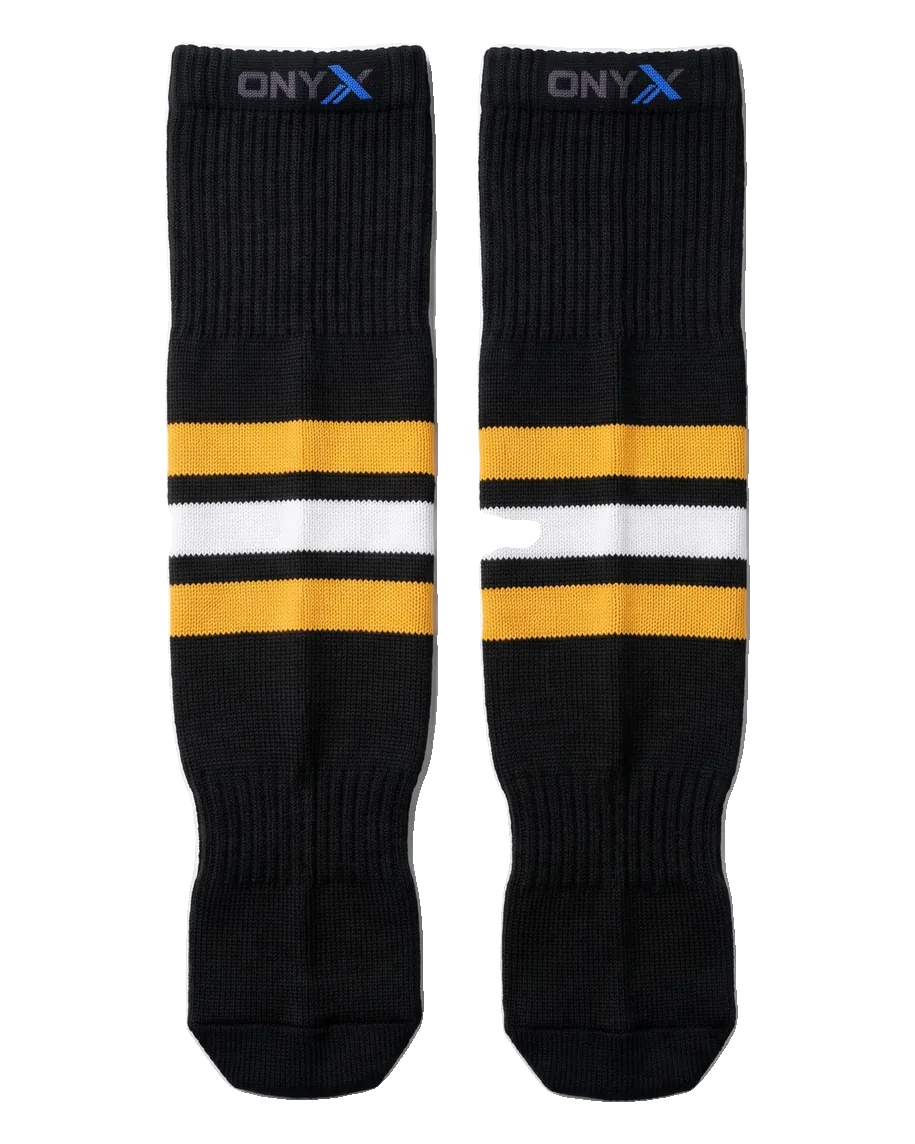 Blue Line Hockey Socks — Black / gold stripes custom hockey socks