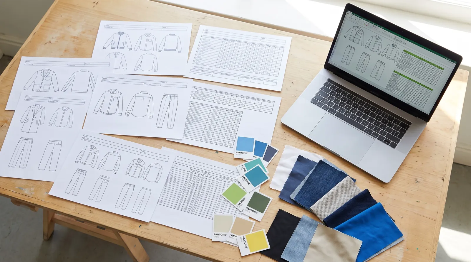 Tech-pack flats, size tables and fabric swatches on a desk beside a laptop