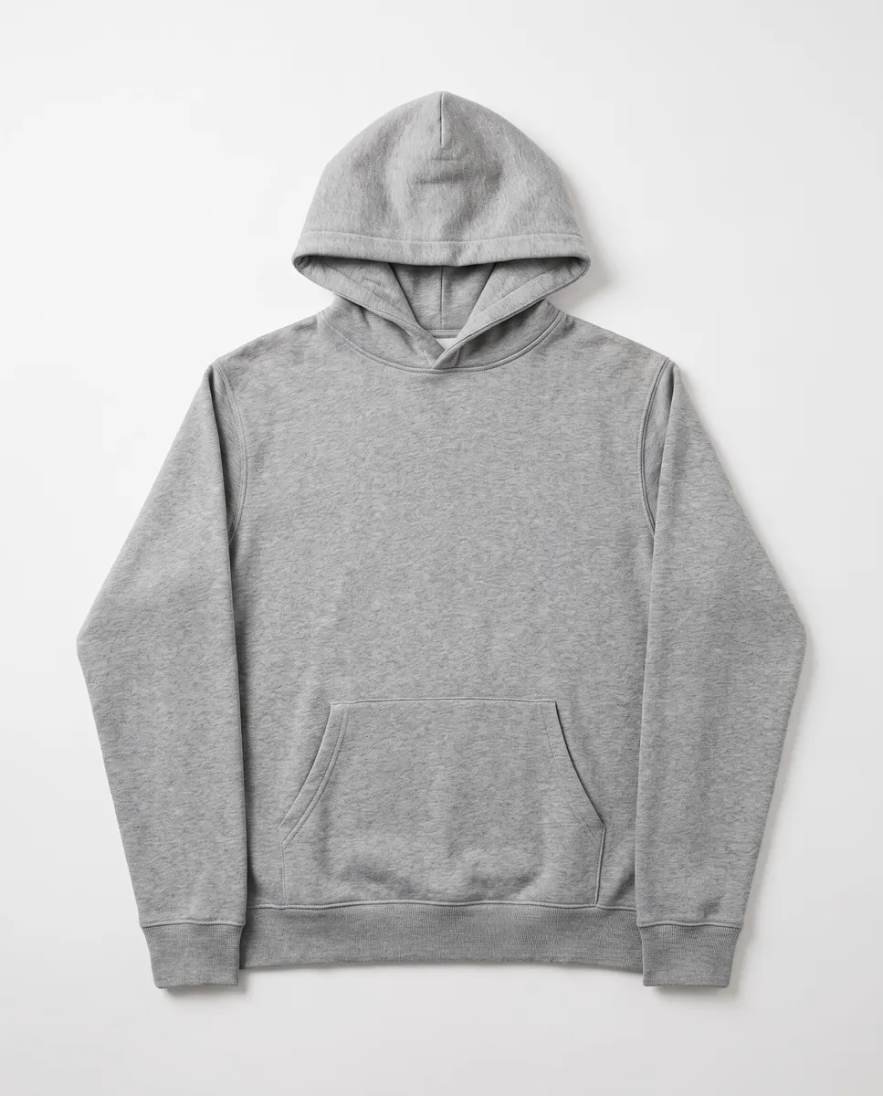 Plain heather grey hoodie laid flat and symmetrical on a white table